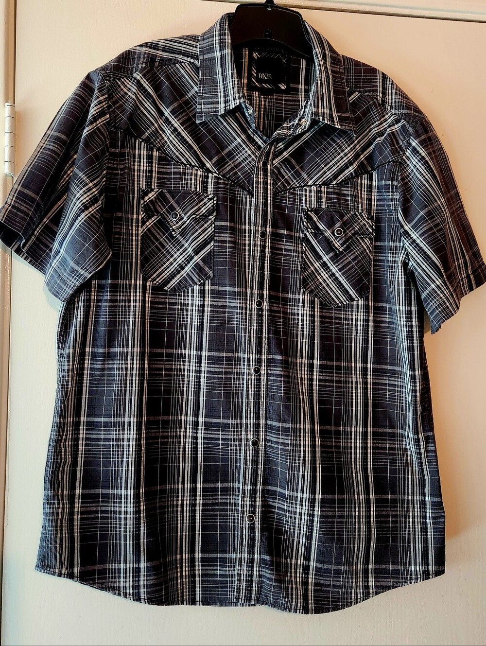 Men’s BKE Western Black Gray Plaid Short-Sleeve Black Snap Button Shirt XL $26